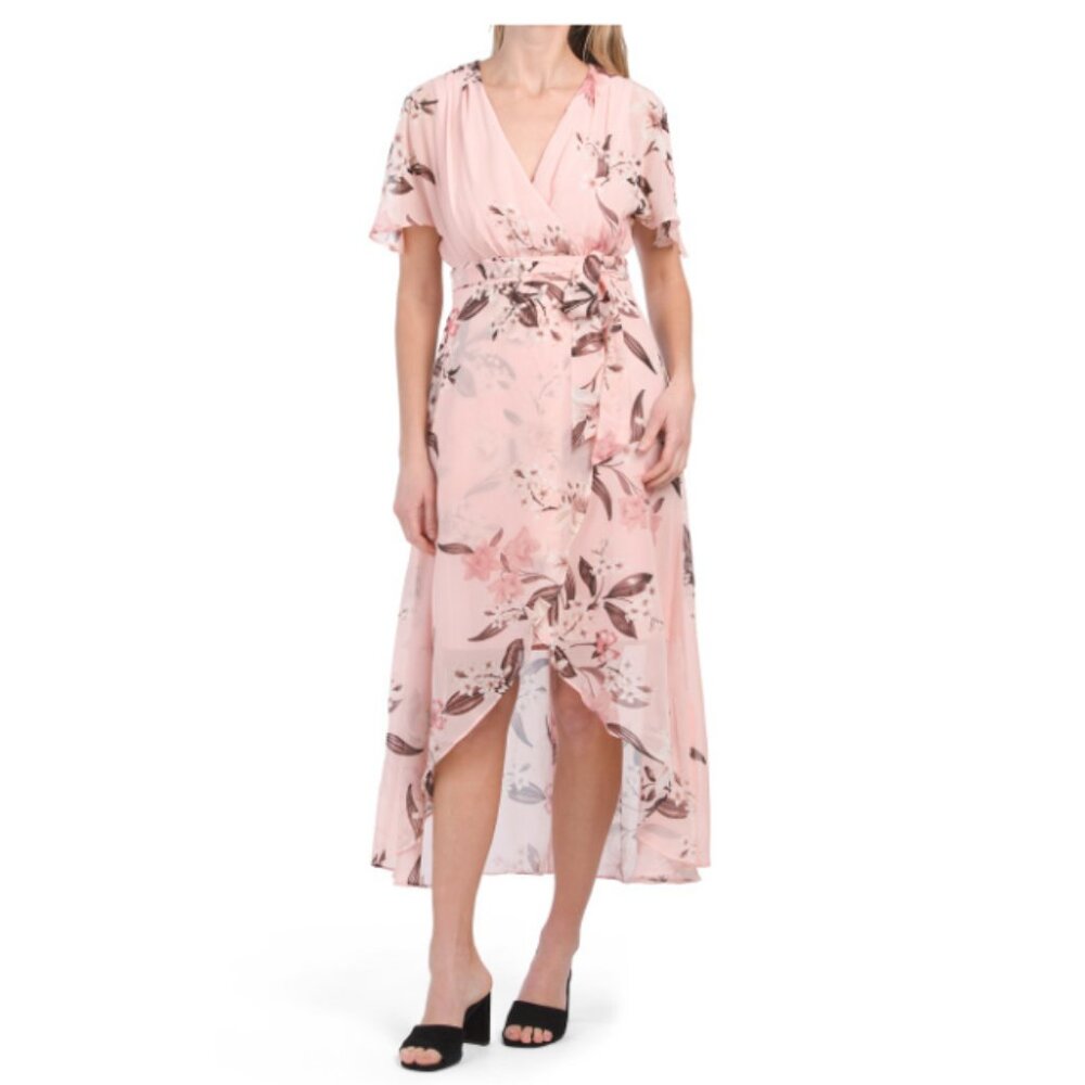 Eliza J NWT Blush Pink Surplice Neck High-Low Flutter Sleeve Maxi Dress, Size 12